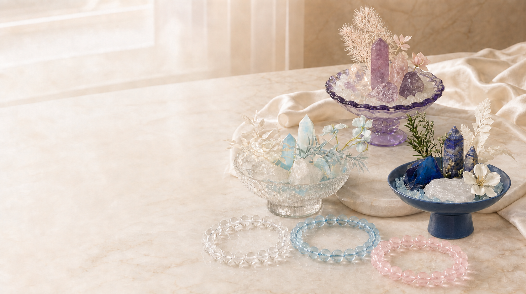 Crystal bracelets and crystal gardens on a marble table