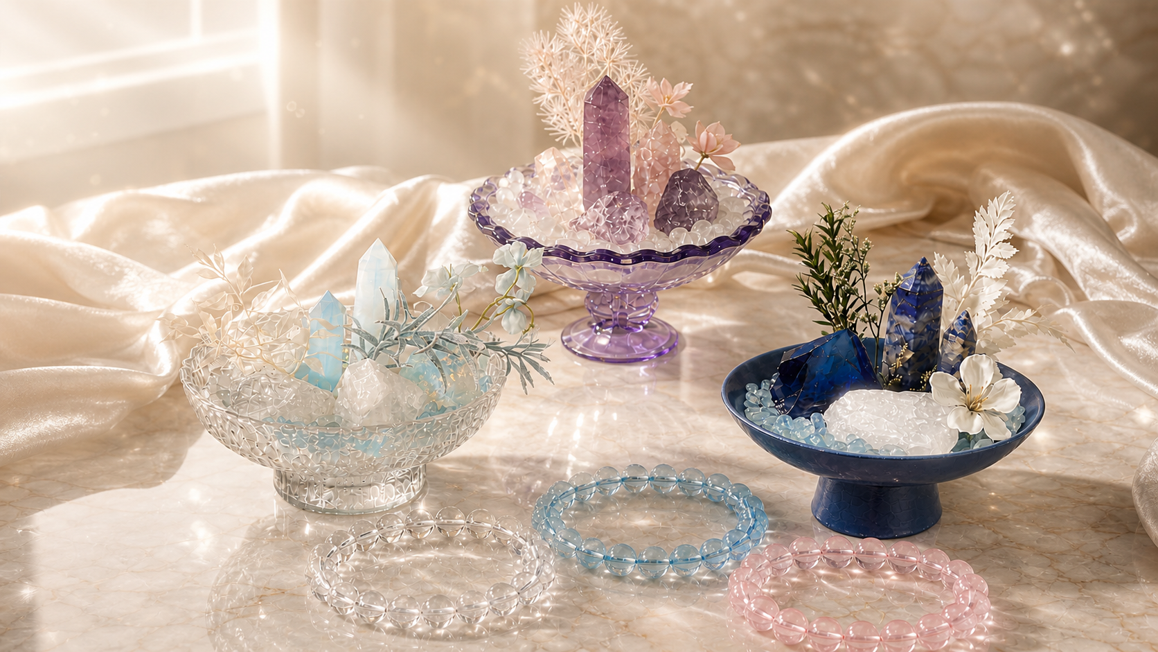 Crystal bracelets and crystal gardens on a marble table